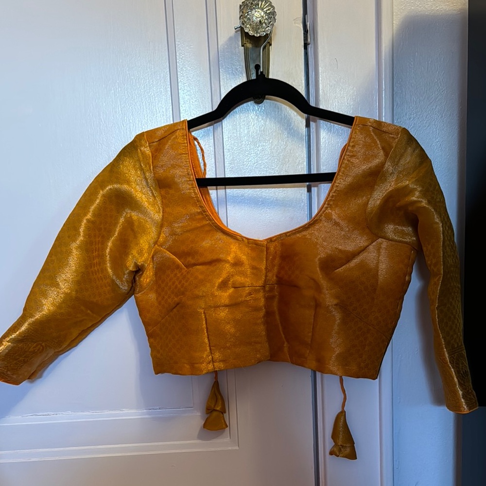 Gold Crop Blouse with Tie Front and 3/4 Sleeves